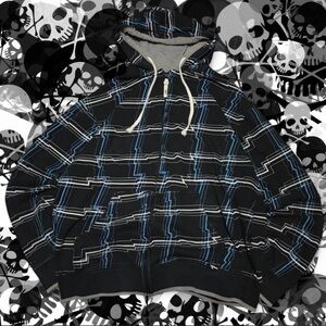 2000s THOR Motocross Plaid Full Zip Hoodie L Logo Blue Grunge Y2k Skater Emo